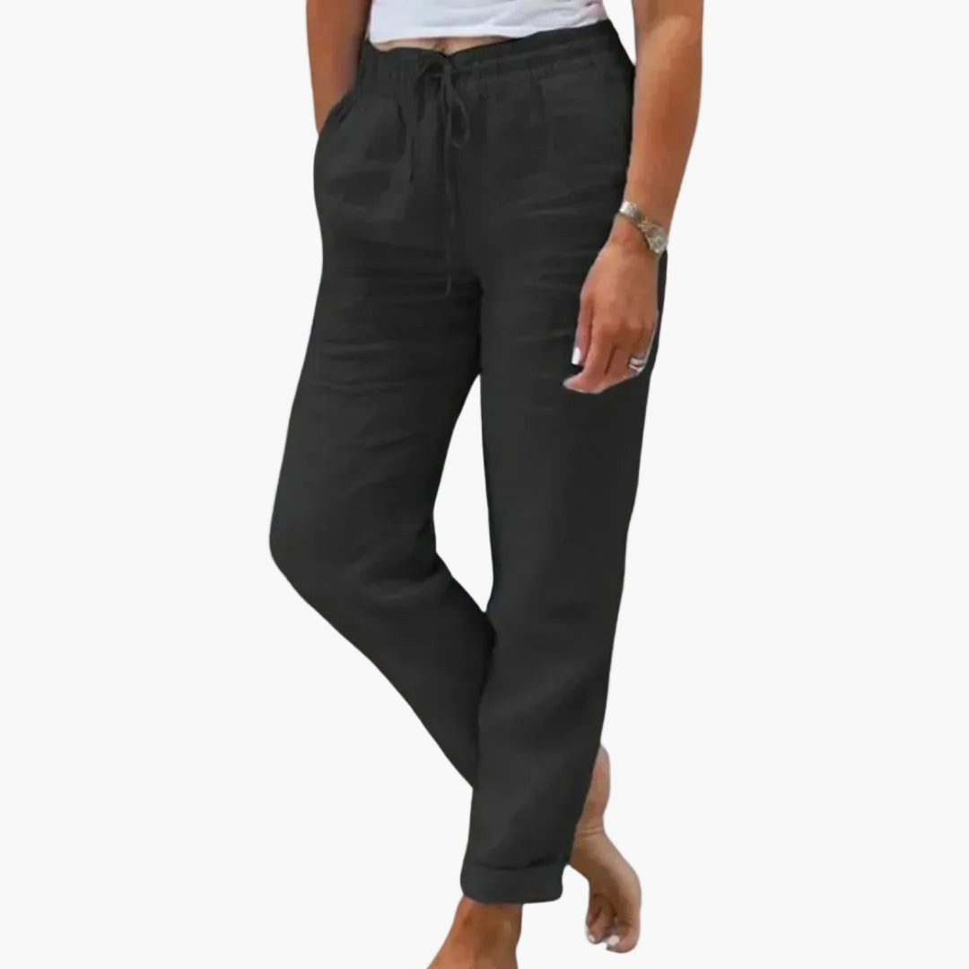Leichte Sommerhose für Damen, atmungsaktiv mit Kordelzug, perfekt für entspannte Tage und Freizeit im Frühling.