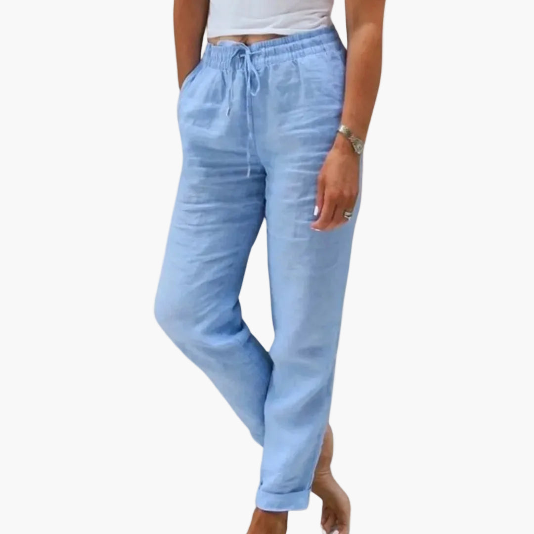 Lässige Damenhose mit Kordelzug an der Taille, bequem für Freizeit & Reise, ideal für einen entspannten Sommer.