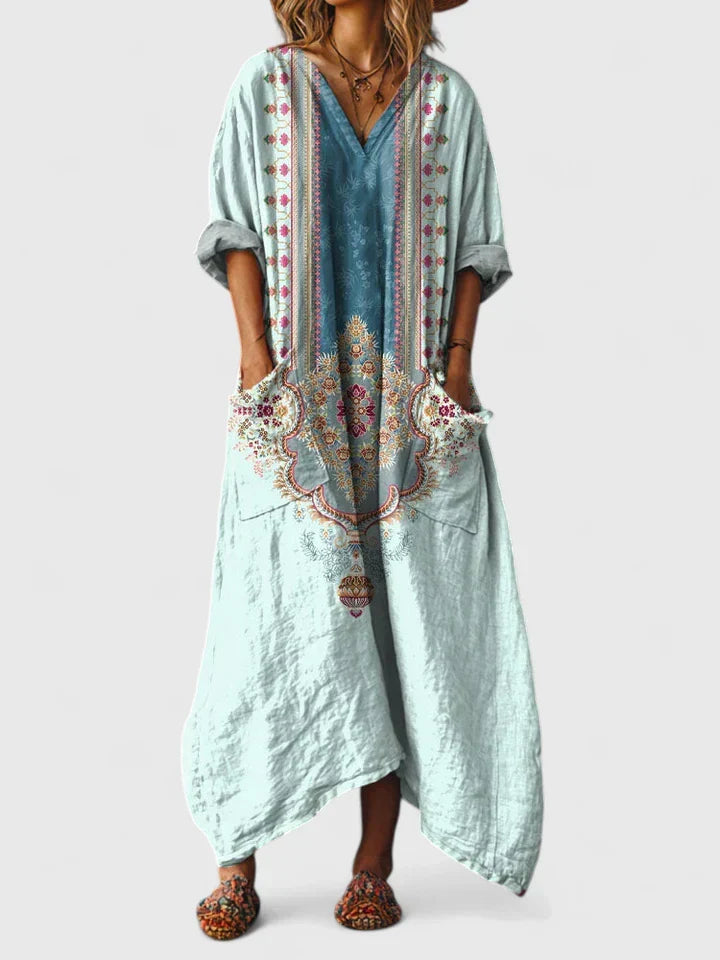 Lässiges Damen Sommerkleid im Boho-Stil mit V-Ausschnitt, Kurzarm und seitlichen Taschen für Freizeit.