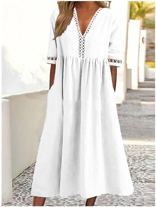 Modisches, feminines Damen Maxikleid mit V-Ausschnitt. Ein luftiges, fliessendes Freizeitkleid für bequemen Sommer-Casual-Look.