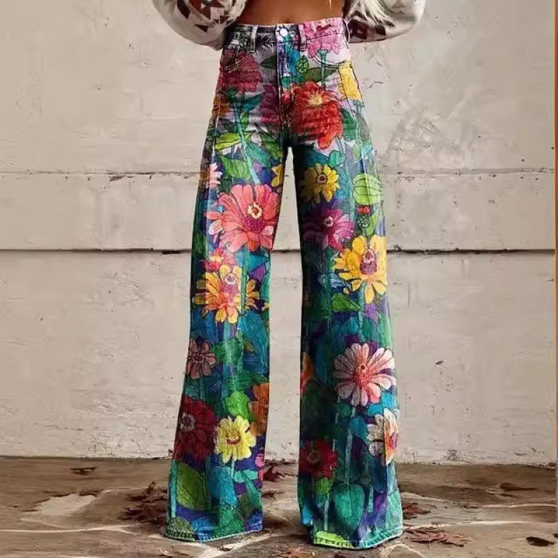 Bequeme weite Damen Schlaghose mit Retro Blumenmuster, ideal für Freizeit.