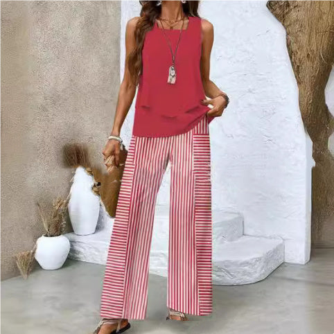 Nahaufnahme: Weite, luftige Hose des Damen Sommer-Zweiteilers, ideal für entspannte urbane Looks.
