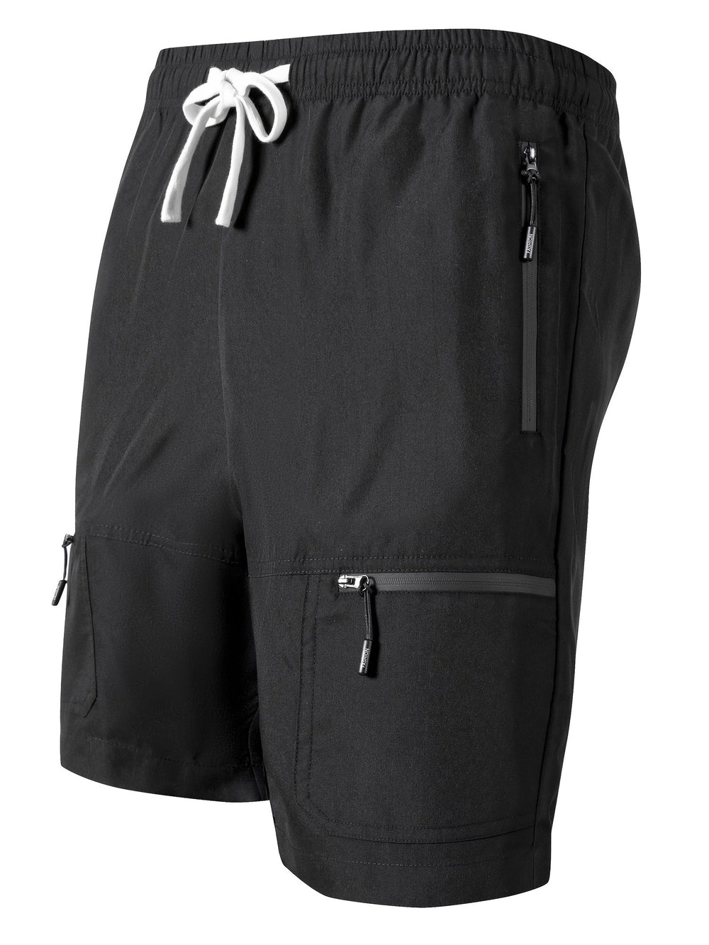 Schwarze Herren Trainingsshorts für Fitness & Outdoor. Bequem, mit Kordelzug und praktischen Reißverschlusstaschen.
