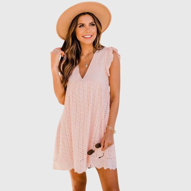 Luftiges Damen Sommerkleid, Urlaubsstyle, ärmellos, V-Ausschnitt, kurzes Design, sehr bequem.