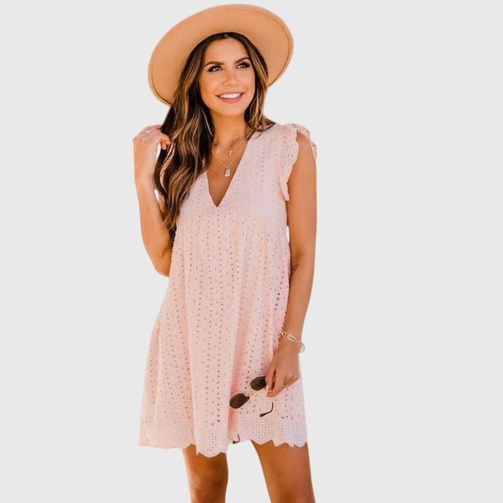 Luftiges Damen Sommerkleid, Urlaubsstyle, ärmellos, V-Ausschnitt, kurzes Design, sehr bequem.