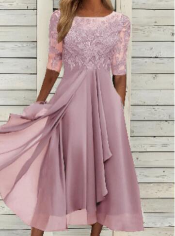 Rosa A-Linien Midikleid für Damen aus Spitze mit elegantem Schnitt, ideal für Hochzeitsgast & Party.