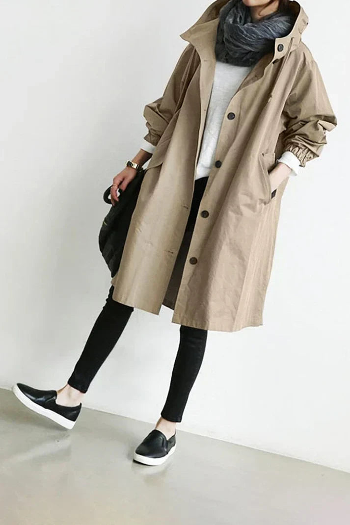 Moderner Damen Wasserdichter Trenchcoat mit Kapuze, kombinierbar für Business, Reise und Freizeit.