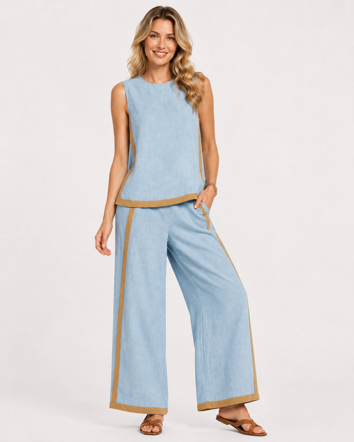 Modisches Damen Freizeit Set: ärmelloses Oberteil und bequeme weite Langhose, ideal für den Sommer.