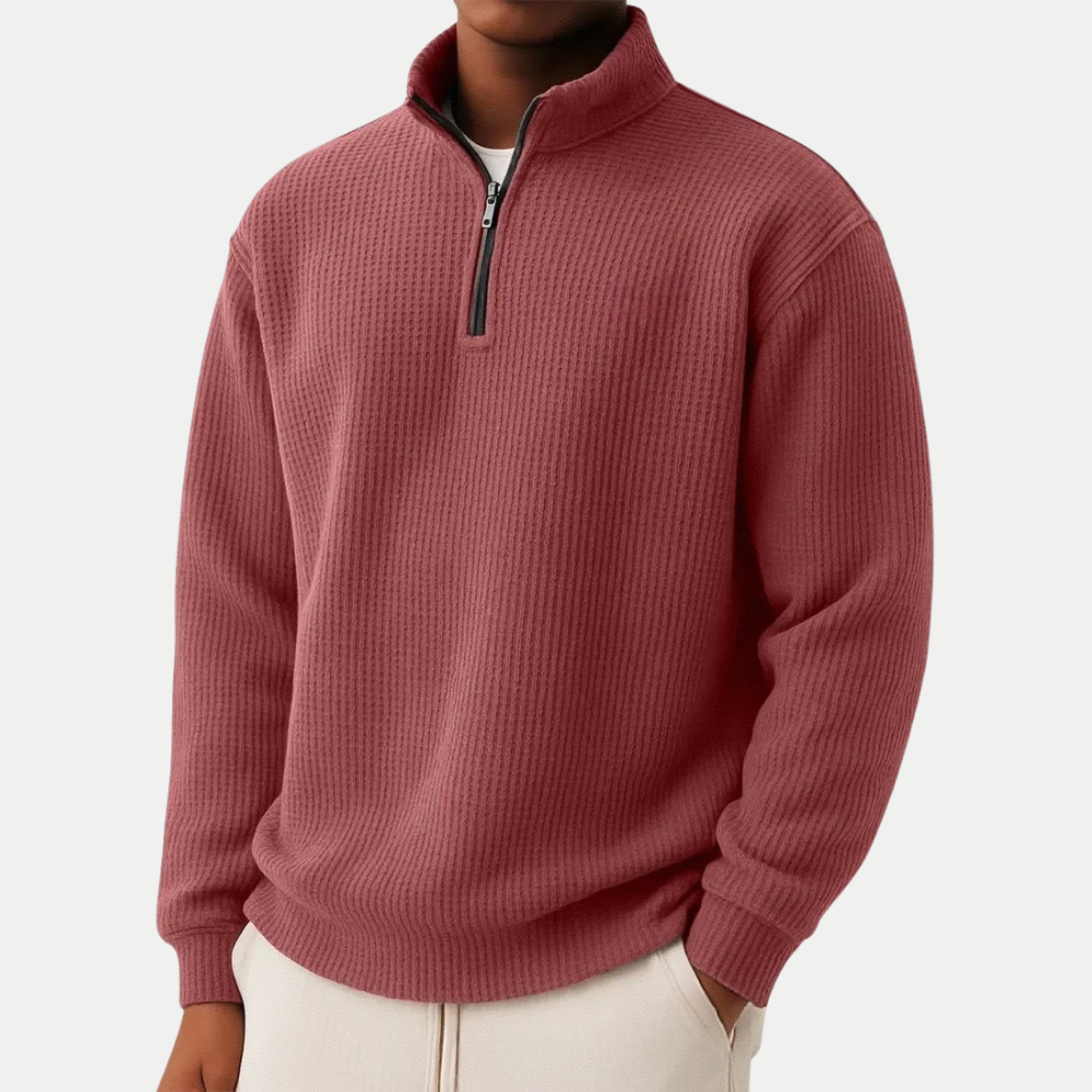 Robuster Herren Sweater, Reißverschluss, Stehkragen, Langarm, hoher Tragekomfort.