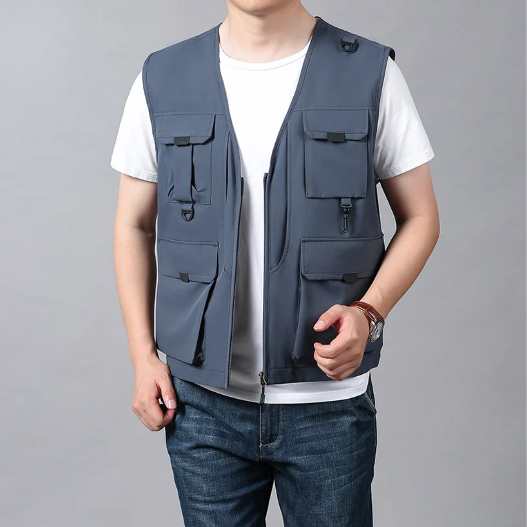 Funktionale Herren Reiseweste, grau, leicht & robust für lange Touren & Expeditionen.