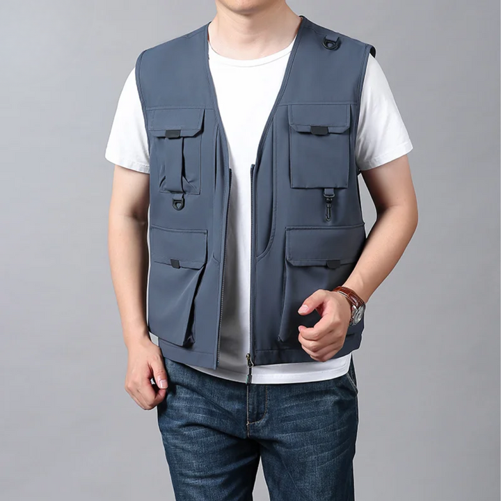 Funktionale Herren Reiseweste, grau, leicht & robust für lange Touren & Expeditionen.