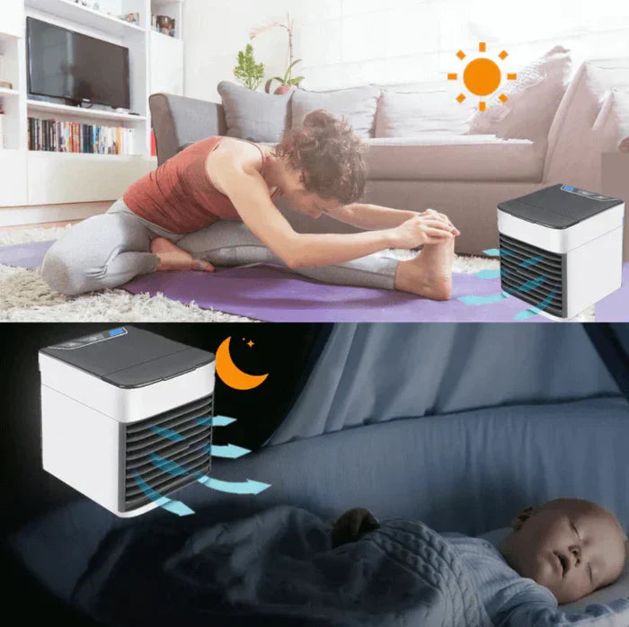 Person nutzt ChillWave Mini-Klimaanlage am Schreibtisch, genießt kühle Luft und verbesserte Raumatmosphäre.