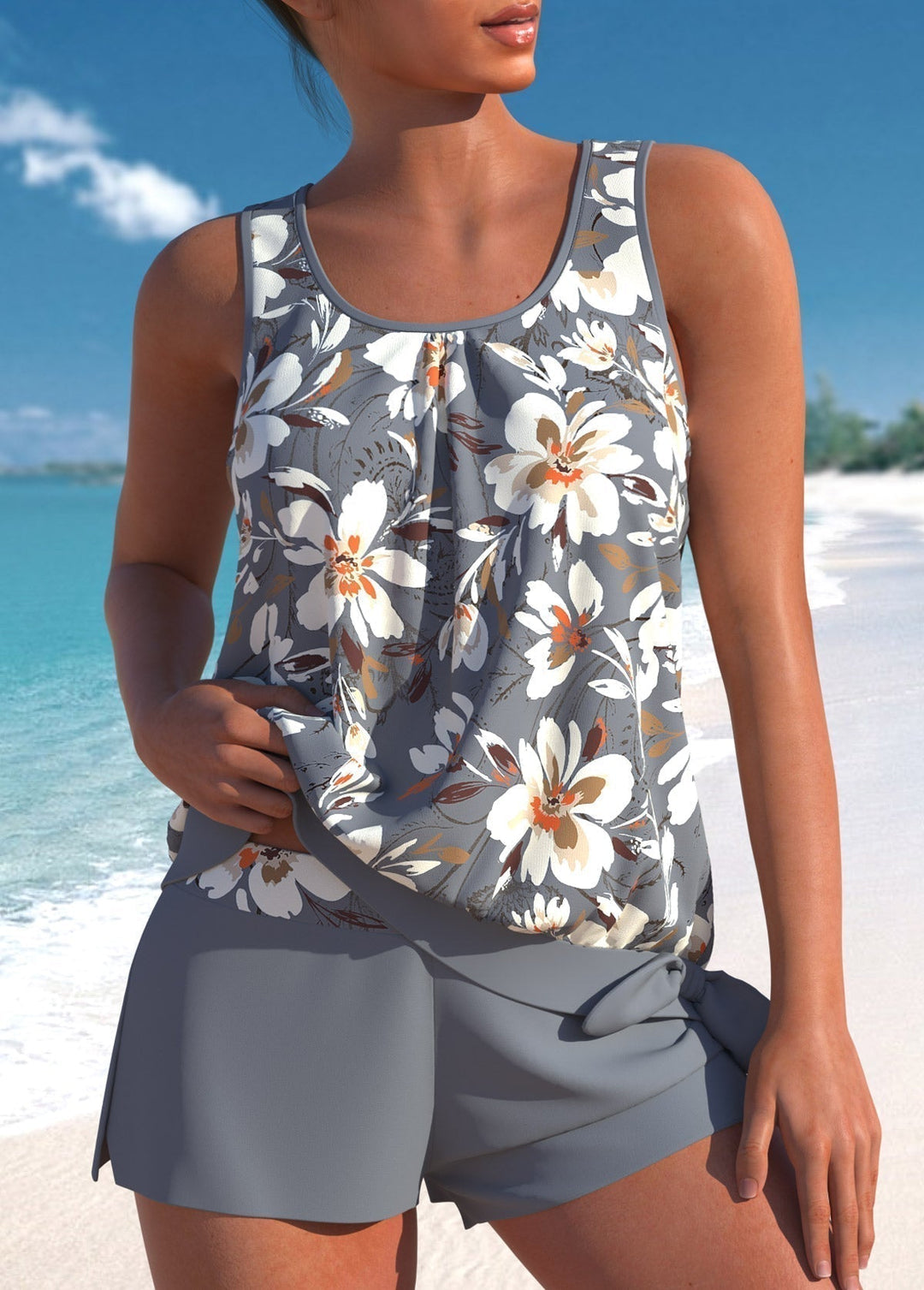 Damen Tankini-Set mit floralem Muster, bequem für den Sommerurlaub. Grosse Grössen verfügbar.