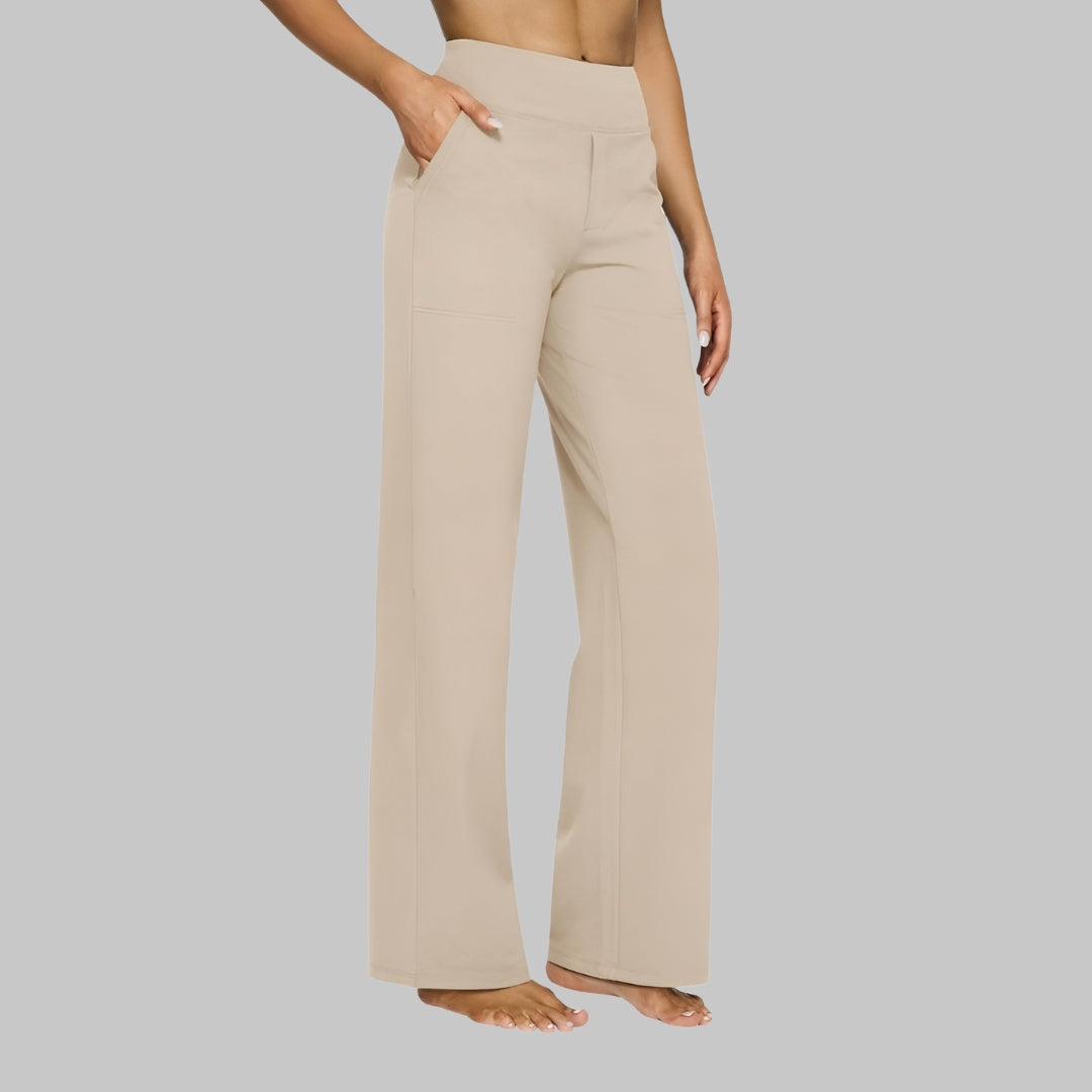 Elegante Khaki Reisehose für Damen, Stretch-Material, hoher Bund, knitterarm und stilvoll unterwegs.