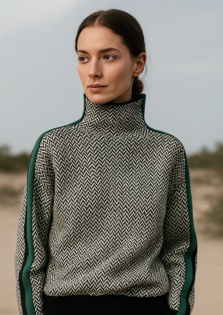 Gestrickter Damenpullover mit Stehkragen und Streifen. Bequemer Langarm-Pullover, modern für Herbst & Winter Mode.