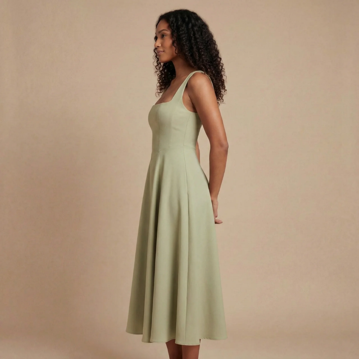 Elegantes Damen Midikleid mit Karreeausschnitt, perfekt für Hochzeitsgäste & festliche Anlässe.