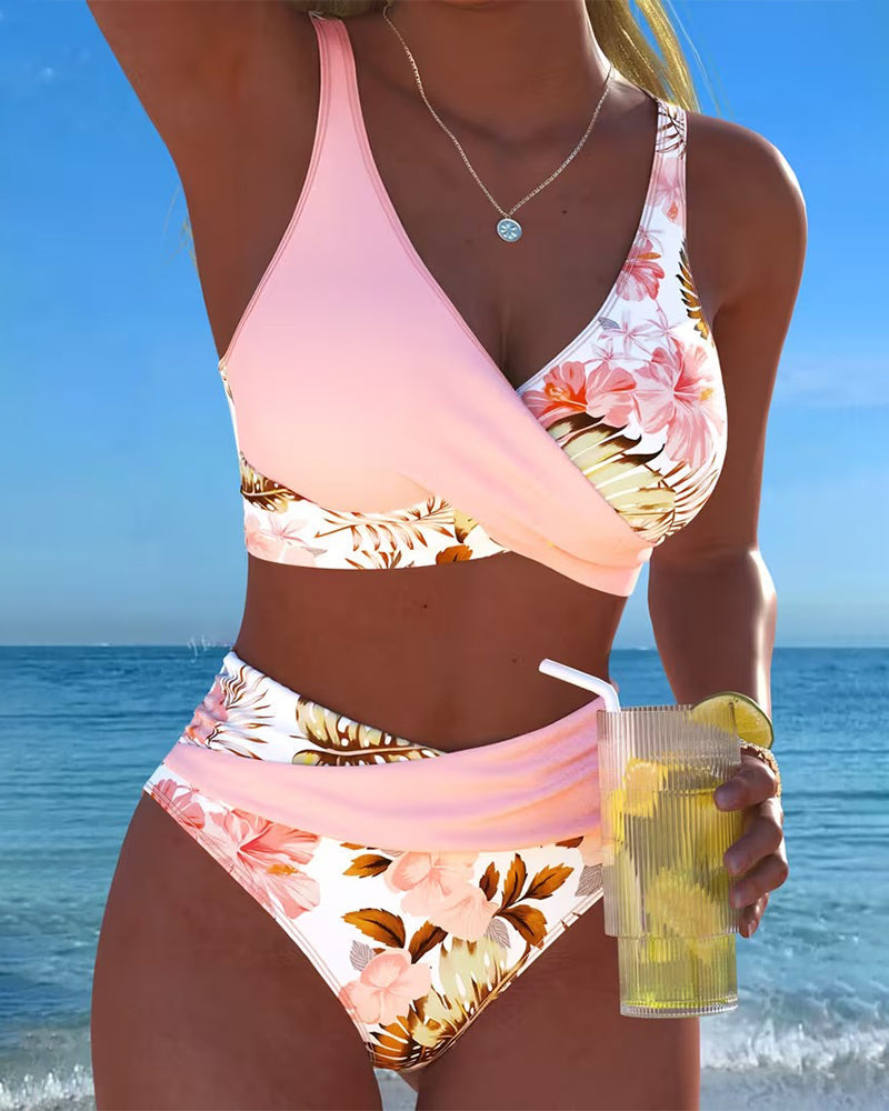 Damen Floral Kontrast Bikini Set, sommerliche Bademode mit elegantem Blumenmuster für Strand & Pool.