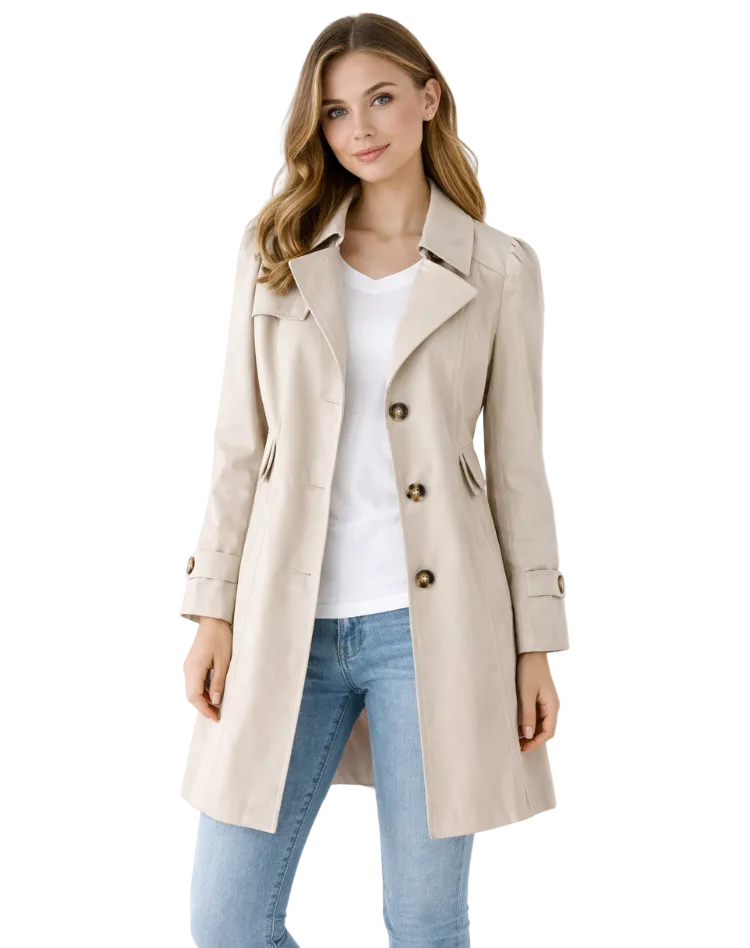 Klassischer Damen Trenchcoat in Beige, tailliert geschnitten mit Reverskragen. Perfekt als elegante Übergangsjacke.