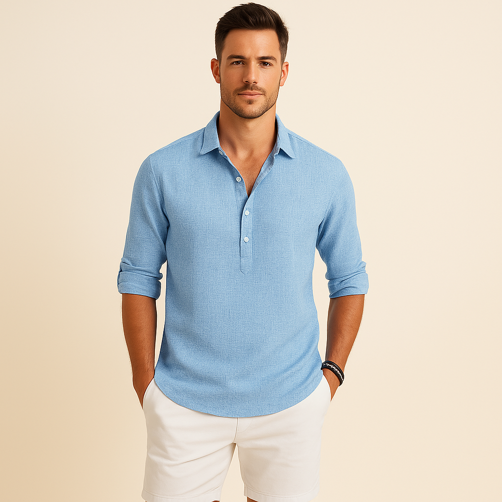Herren Henley Langarm Poloshirt. Klassisches, elegantes Oberteil für vielseitige Business Casual & Freizeit Outfits.