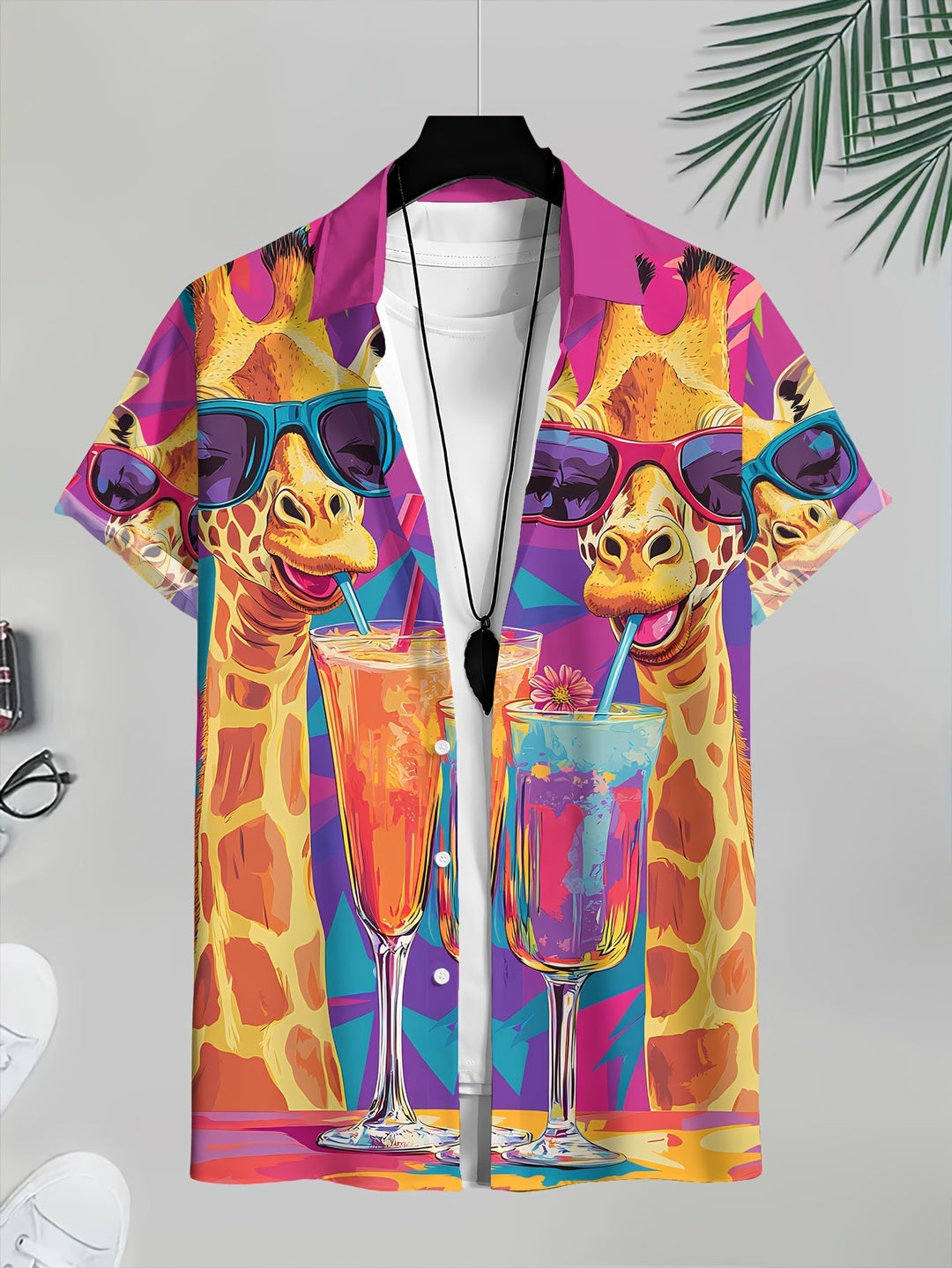 Detailansicht des Herren Hawaii-Hemdes mit scharfem Giraffen- & Cocktail-Print. Ein Muss für Sommerpartys.