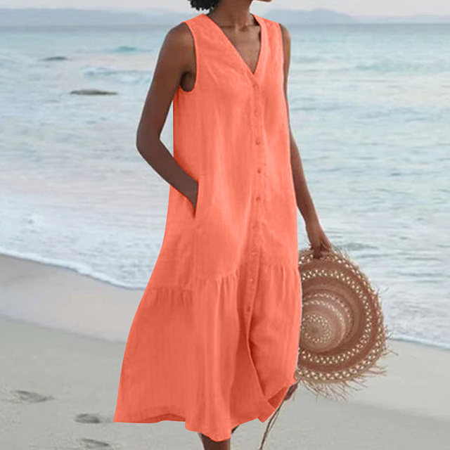 Fließendes Damen Maxikleid in leichter Stoffqualität, ärmellos, mit V-Ausschnitt. Elegantes Sommerkleid.