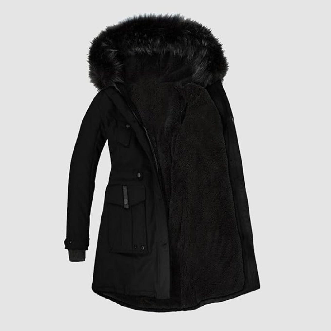 Gelbe, moderne Damen Winterjacke, warm & tailliert geschnitten. Stilvolle Kapuzenjacke für elegante Damenmode im Winter.