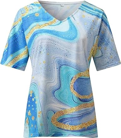 Boho Damen T-Shirt im Relaxed Fit mit einzigartigem Marmormuster, V-Ausschnitt und Kurzarm für den Sommer.
