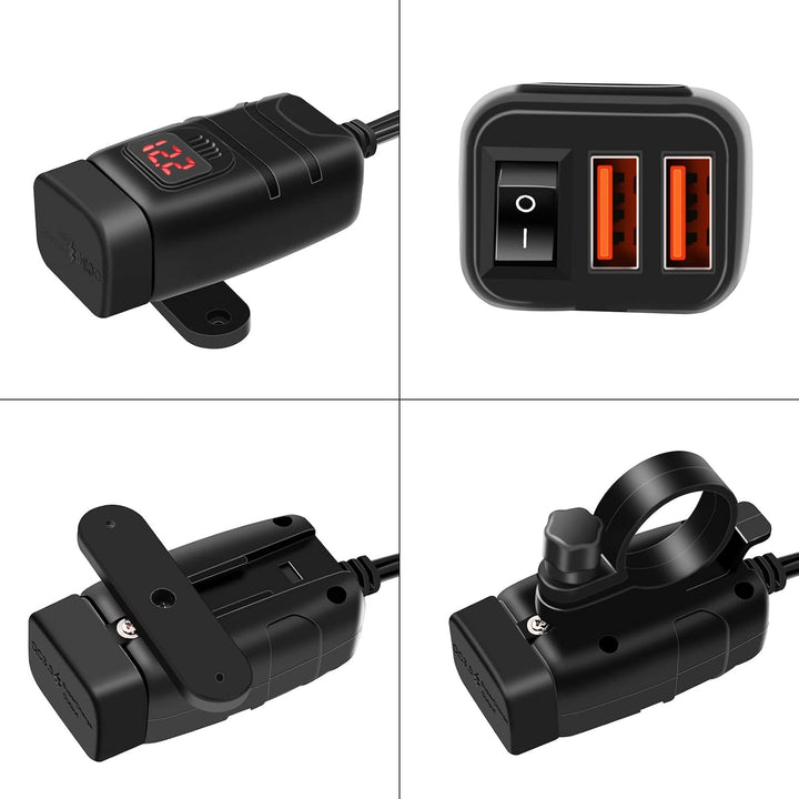 Motorrad USB-C & USB-A Dual Port Schnellladegerät mit Voltmeter. Ideales 12V Ladegerät für Motorrad Zubehör.
