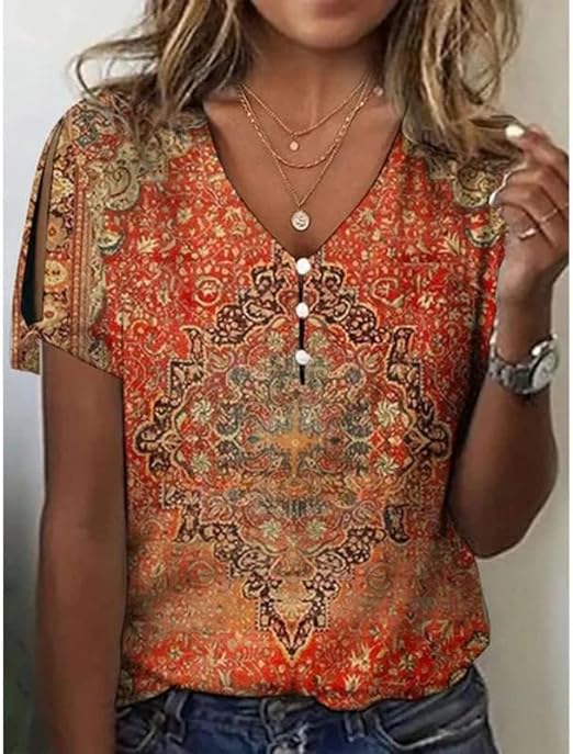 Damen Boho-Bluse mit elegantem Ornamentprint, V-Ausschnitt & langen Glockenärmeln; ideal für Freizeit & Reisen.