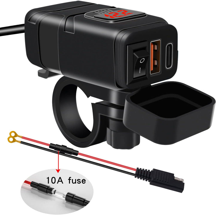 Motorrad USB & Typ-C Schnellladegerät mit Voltmeter zur Batterieüberwachung. Wasserdichtes 12V Dual Port Ladegerät.