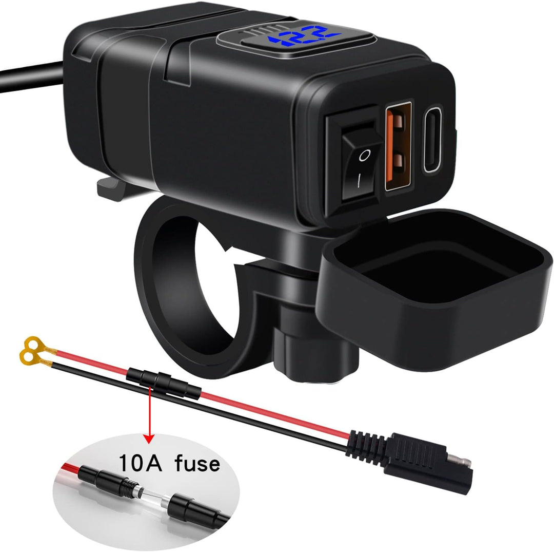 Drayvik Motorrad USB-C & USB-A Schnellladegerät mit Voltmeter. Vielseitiges, wasserdichtes 12V Dual Port Zubehör.