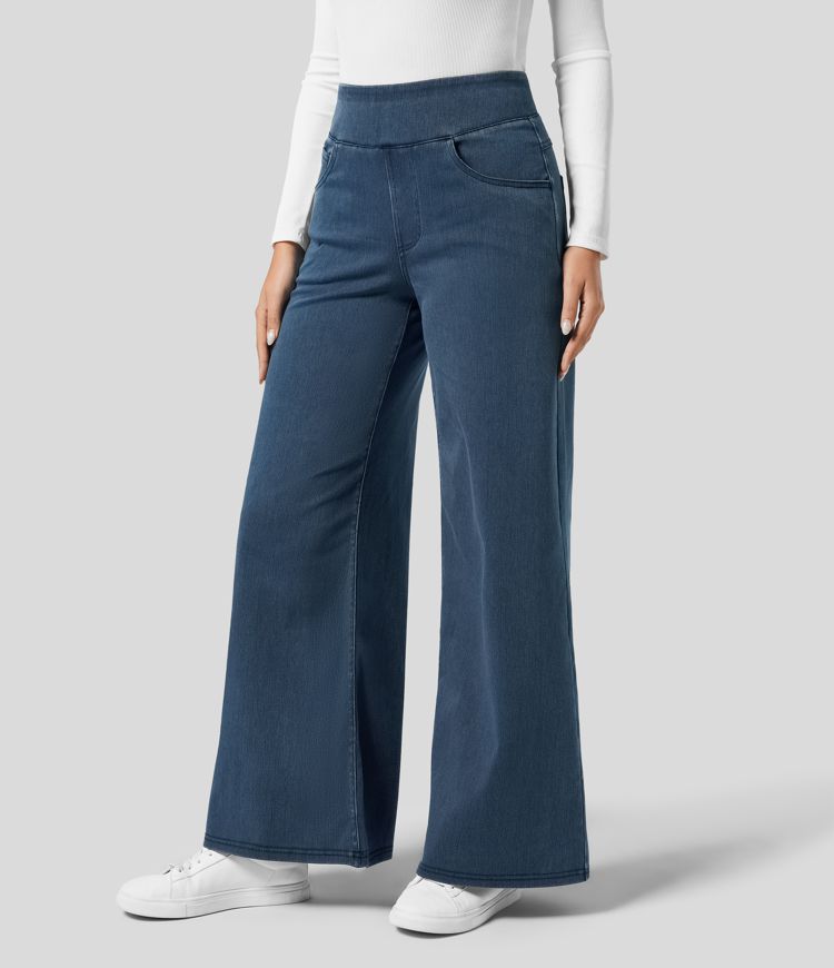 Dunkelblaue Damen Stretch Jeans mit hohem Bund für maximalen Komfort im Alltag.