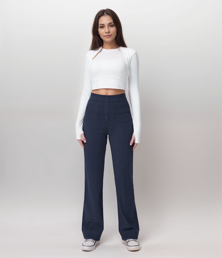 Stretch-Damenhose mit hoher Taille, weitem Bein, figurbetont, für maximale Bewegungsfreiheit.