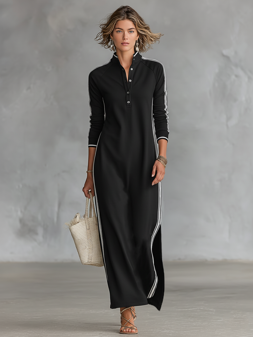 Khaki Damen-Maxikleid, elegantes Knopfkleid mit Kragen, minimalistisch und bequem, für jeden Anlass.
