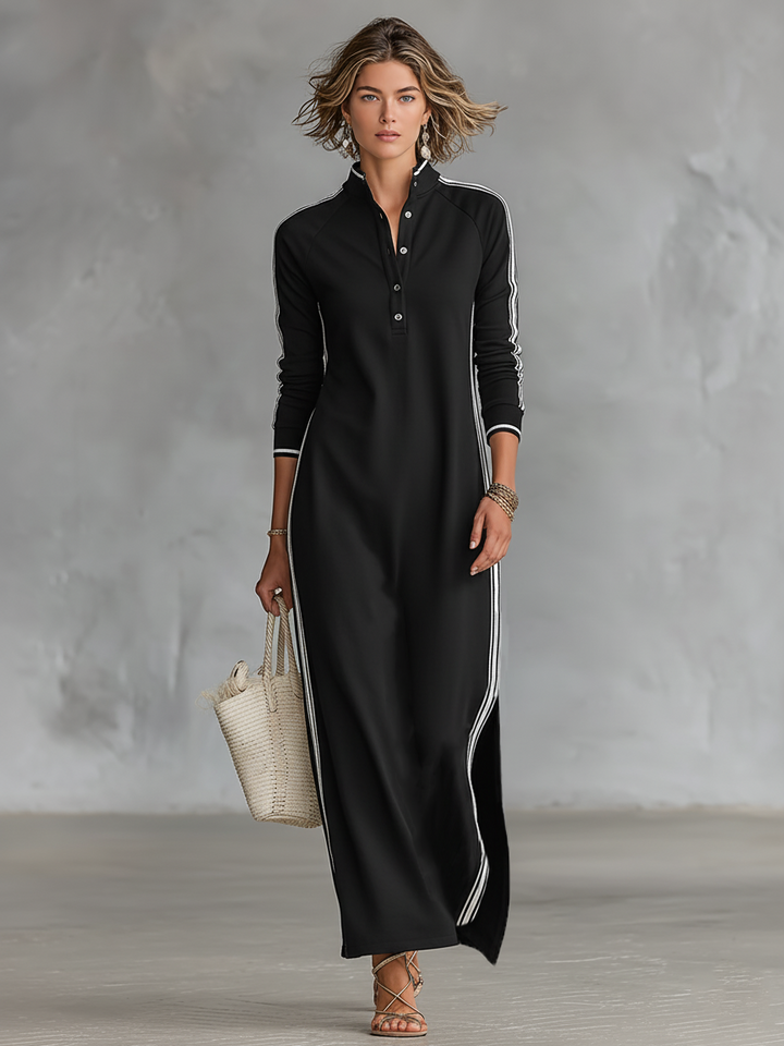 Khaki Damen-Maxikleid, elegantes Knopfkleid mit Kragen, minimalistisch und bequem, für jeden Anlass.