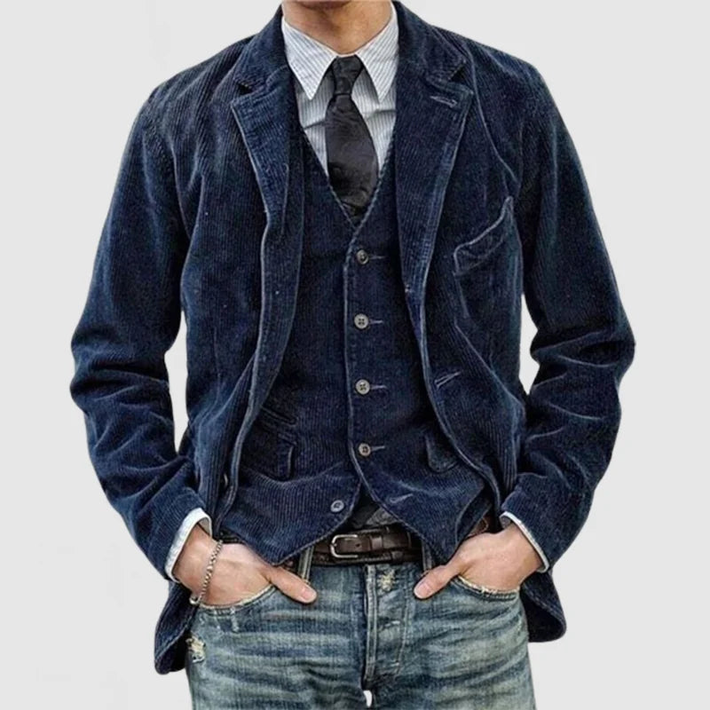 Stilvolles Vintage Herren Blazer & Weste Set aus edlem Stoff. Ideal für elegante Herbst- & Wintermode.