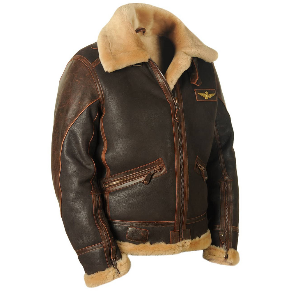 Robuste, warme Herren-Pilotenjacke mit Lammfellkragen, ideal für kalte Tage und stilvolle Streetwear.