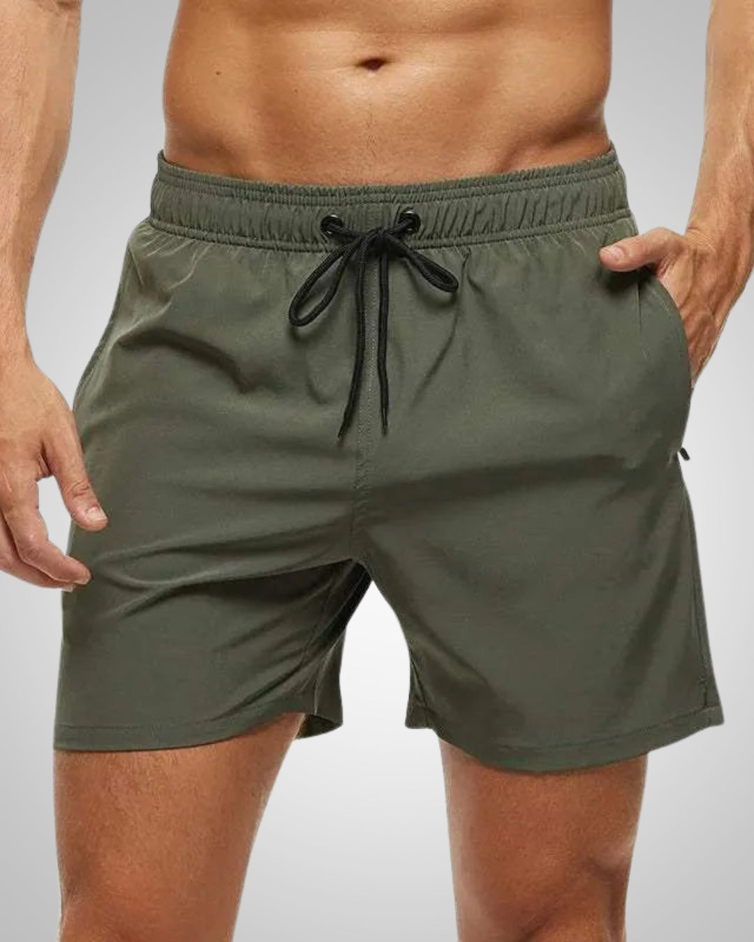 Nahaufnahme der schnelltrocknenden, elastischen Herren Badehose, geeignet für Schwimmen, Sport und Wassersport.