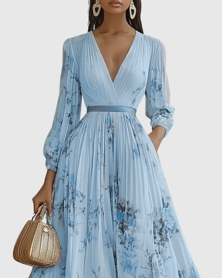 Komfortables Damen Maxikleid, plissiert, mit langen Ärmeln und V-Ausschnitt für jede Gelegenheit.