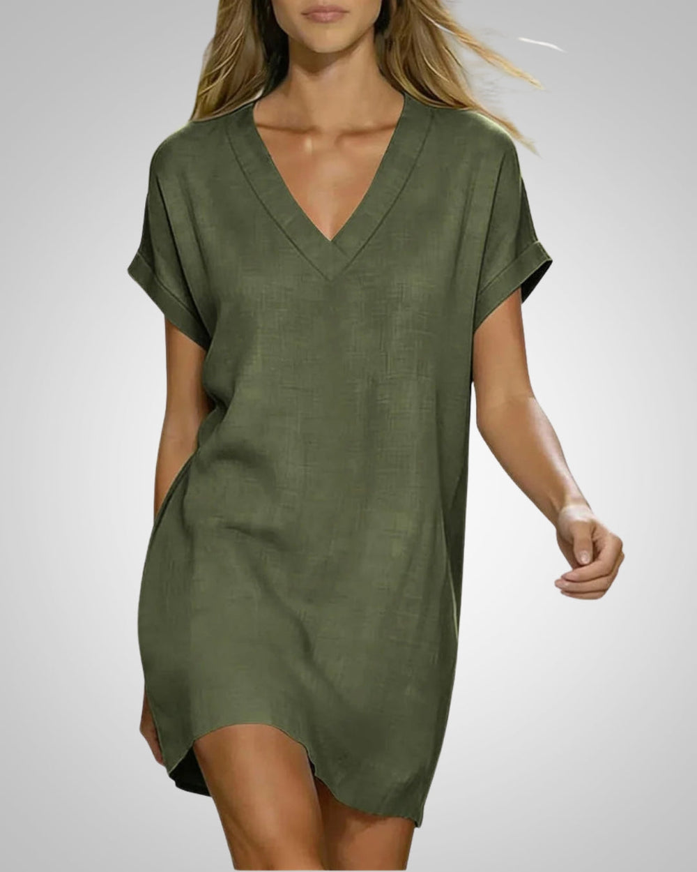 Stilvolles Sommerkleid für Damen. Minimalistisches Midi-Kleid mit V-Ausschnitt, perfekt für Urlaub & Freizeit.