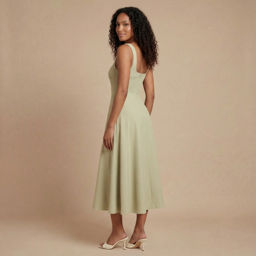 Ärmelloses Damen Cocktailkleid in Midilänge, mit Karreeausschnitt, ideal als Partykleid oder Abendmode.