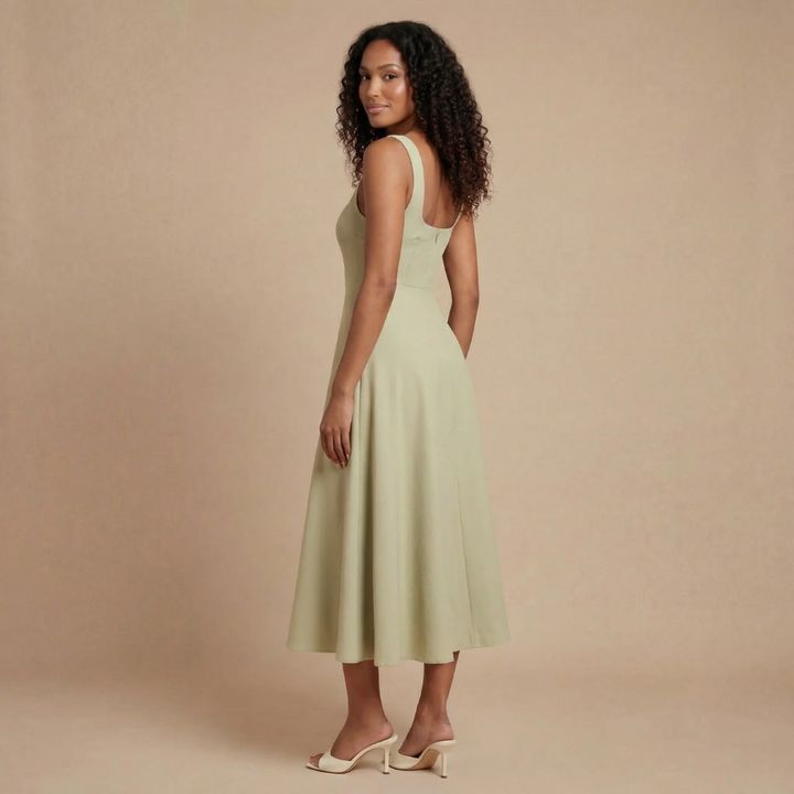 Ärmelloses Damen Cocktailkleid in Midilänge, mit Karreeausschnitt, ideal als Partykleid oder Abendmode.
