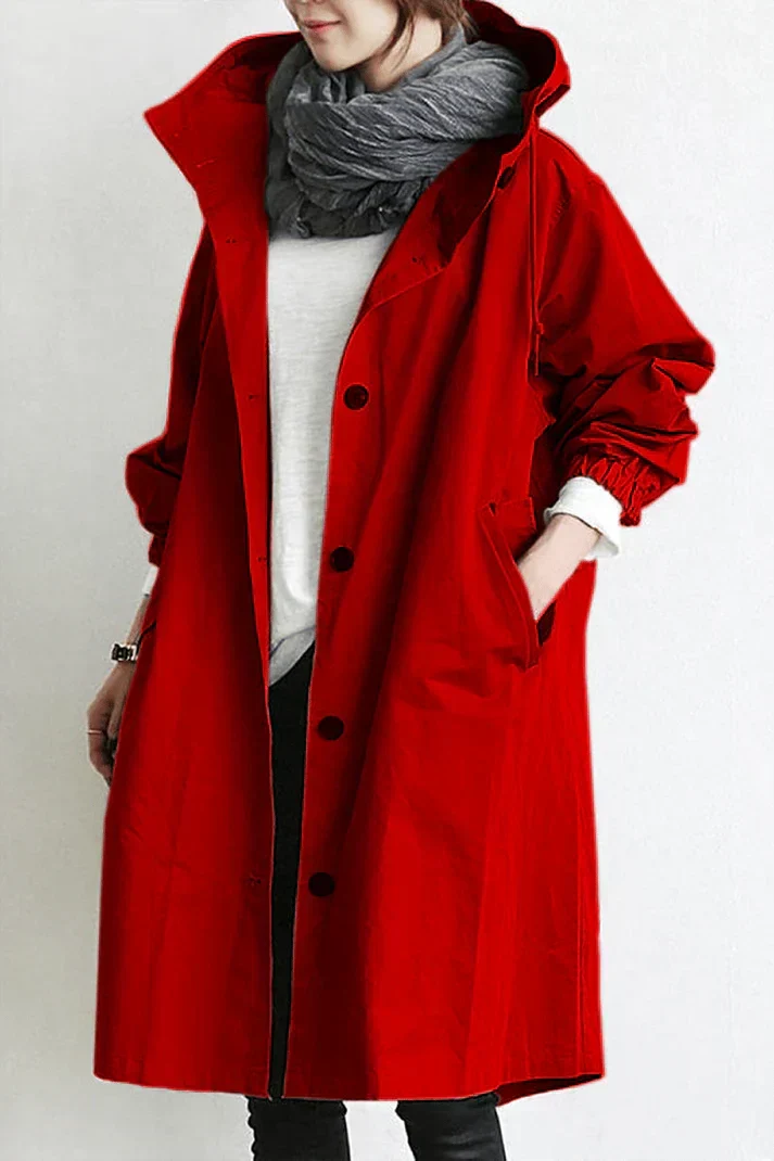 Damen Regenjacke als eleganter Trenchcoat mit Kapuze, wasserdicht für alle Outdoor-Aktivitäten.