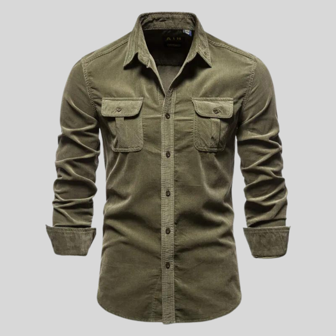 Herren Langarm Button-Up Freizeithemd in Olivgrün, perfekt für einen stilvollen Casual-Look.