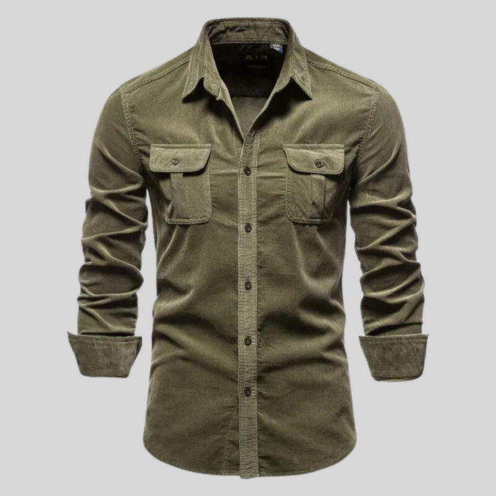 Herren Langarm Button-Up Freizeithemd in Olivgrün, perfekt für einen stilvollen Casual-Look.