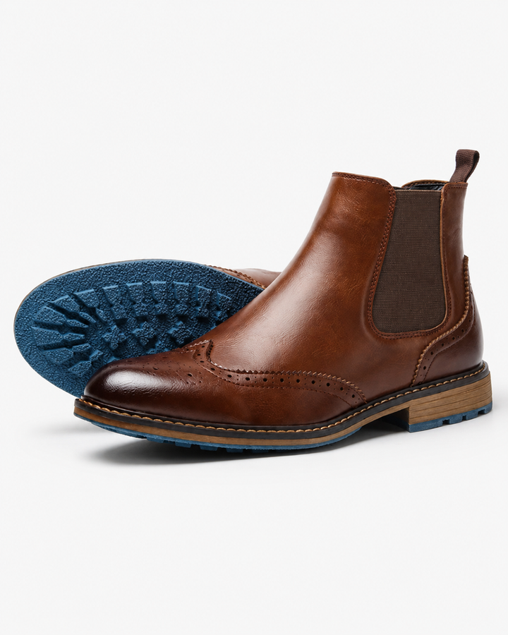 Braune Leder Brogue Stiefel für Herren, stilvoll & bequem für jeden Anlass.