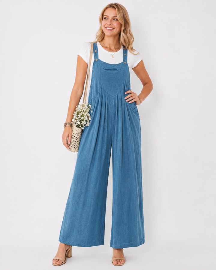 Vielseitiger Damen Jumpsuit mit weitem Bein. Eleganter, bequemer Overall für Urlaubslooks, Freizeit & Casual Chic.