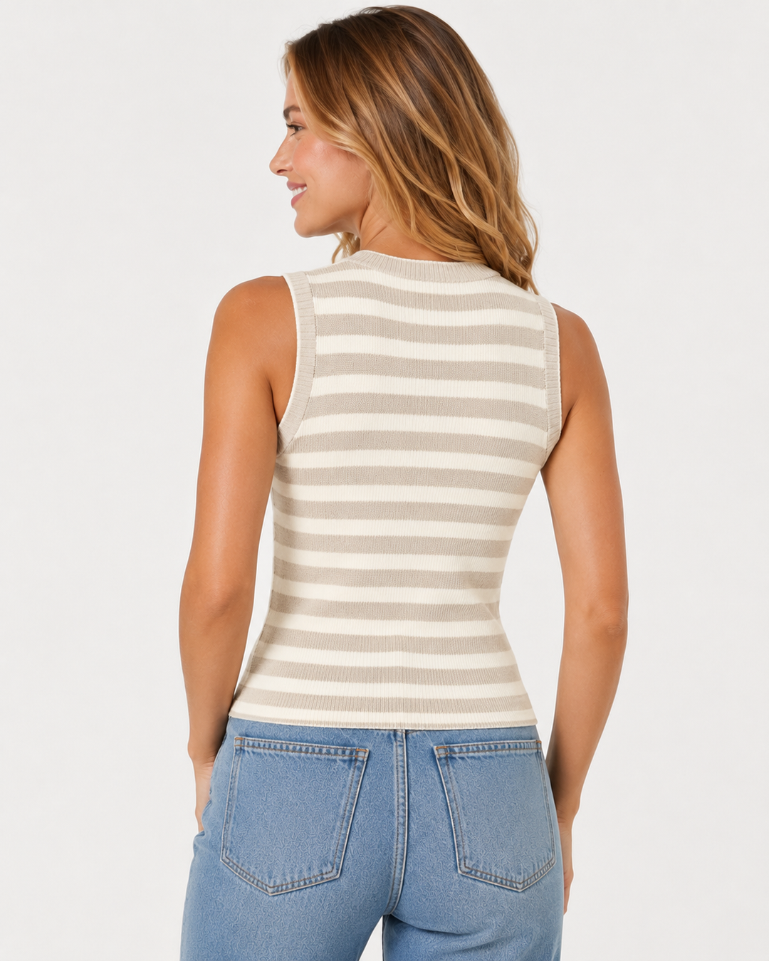 Stilvolles Damen Rippstrickkleid ärmellos. Schlichtes Sommerkleid mit Rundhalsausschnitt, perfekt für Casual Looks.