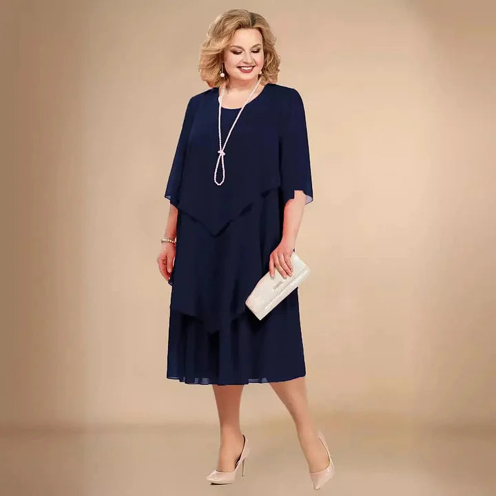 Leichtes fließendes asymmetrisches Damen Sommerkleid, Midilänge, Kurzarm, Rundhals; luftig & modern.
