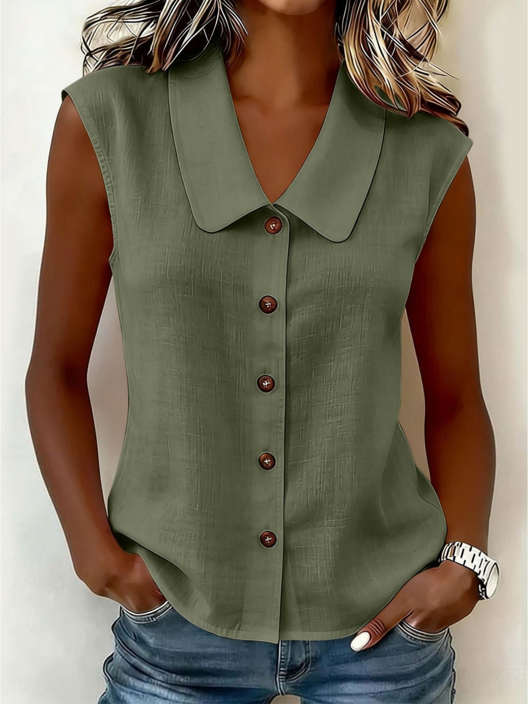 Ärmelloses Damen Top mit klassischem Kragen und Knopfleiste, vielseitig kombinierbar für Frühling.